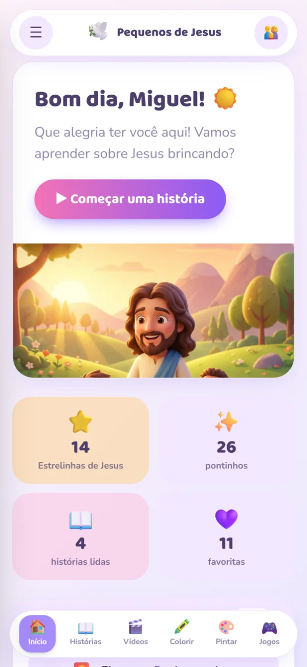 Tela inicial do app Pequenos de Jesus, com o botão de começar uma história e o progresso da criança